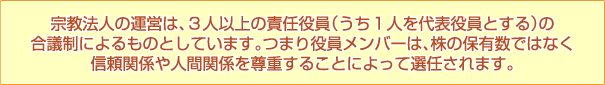 宗教法人の運営は、3人以上の責任役員
(うち1人を代表役員とする)の合議制に
よるものとしています。つまり役員メンバーは、
株の保有数ではなく信頼関係や人間関係を
尊重することによって選任されます。